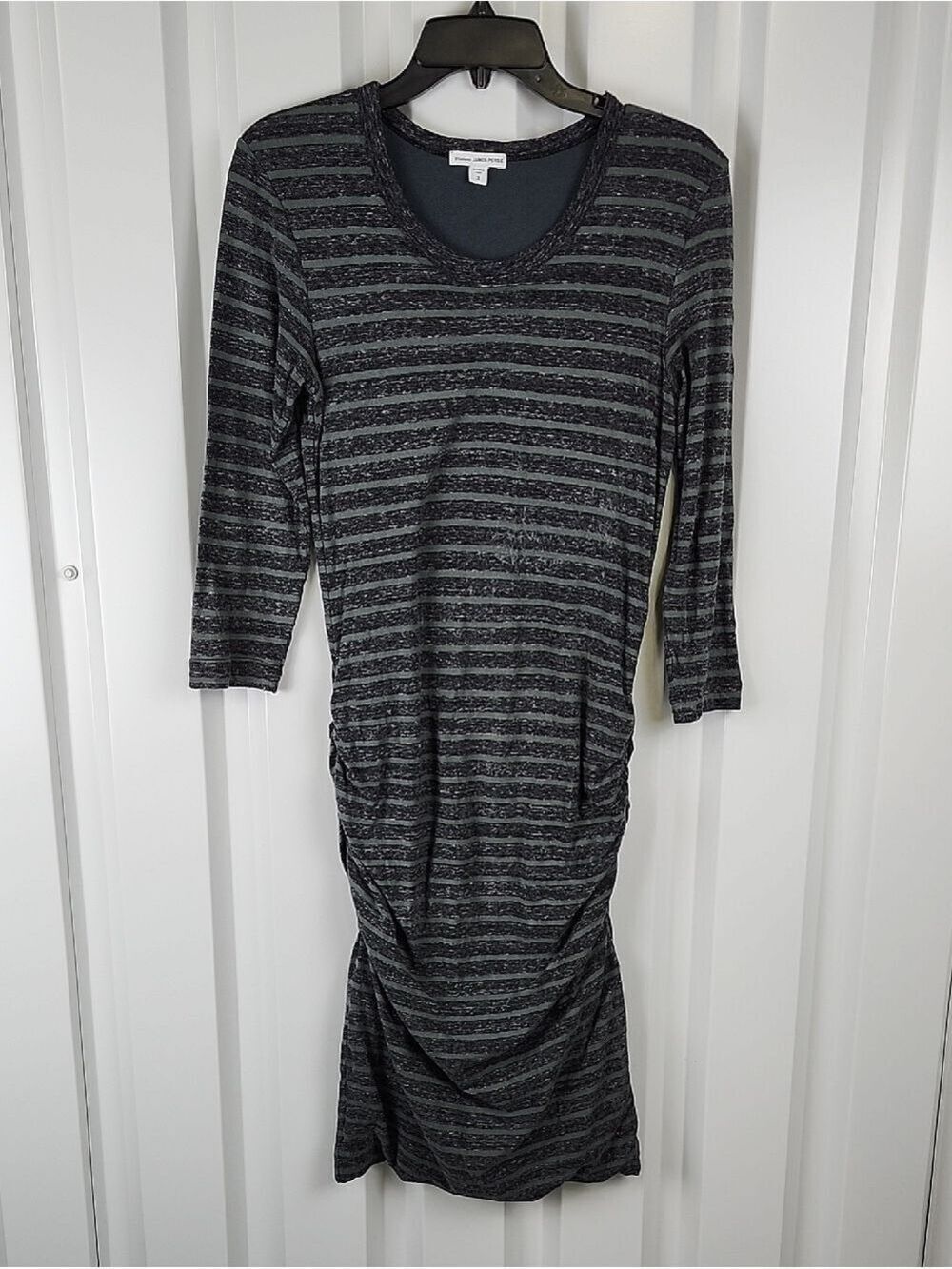 James Perse Gray Green Striped Long-Sleeve Ruched Midi Dress Size "3" Large